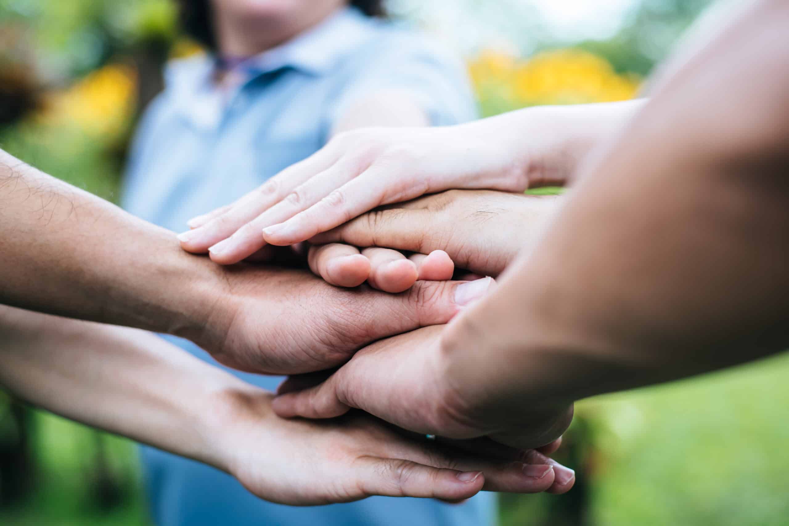 Close up team students teamwork stack hands together. Startup, S